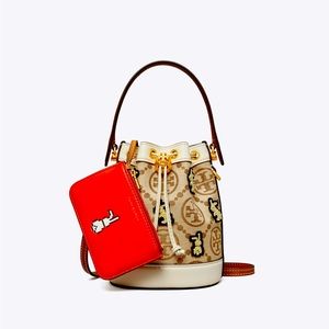 Tory Burch Mini T Monogram Embroidered Rabbit Bucket Bag w/attached coin purse